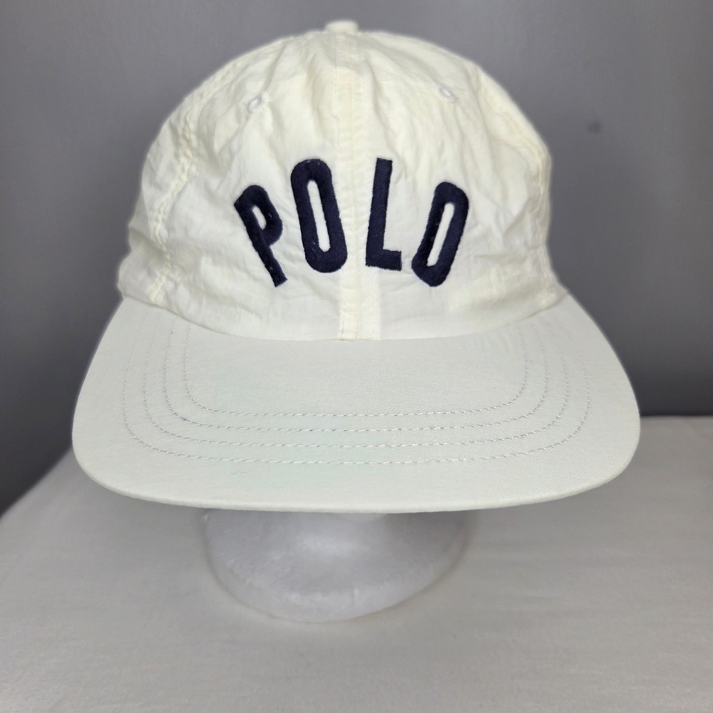 Vintage Polo Ralph Lauren Nylon Strapback Hat Cream Navy Blue 90s Made in Taiwan